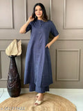 Cotton kurta & palazzo set, solid pattern, three-quarter sleeve length for women's daily wear, Indian origin
