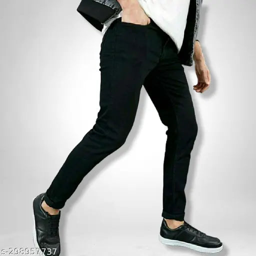 Stylish black jeans, men's slim fit stretchable drill fabric, machine washable, mid rise, jet black color, Made in India