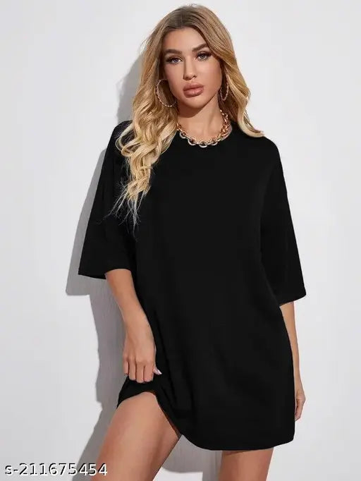 Calm Down oversized 3/4 sleeve plain black cotton blend T-shirt for women, loose fit and trendy fashion statement