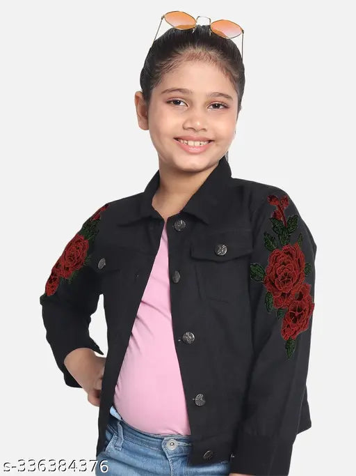 Trendy black cotton denim jacket for girls, self-design with pink accents, stretchable regular fit, 9-10 or 11-12 years size