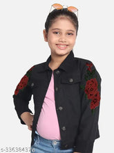 Trendy black cotton denim jacket for girls, self-design with pink accents, stretchable regular fit, 9-10 or 11-12 years size