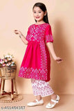 Pink cotton blend three-quarter sleeves printed top & palazzo set for beautiful kids, fashionable festive party wear