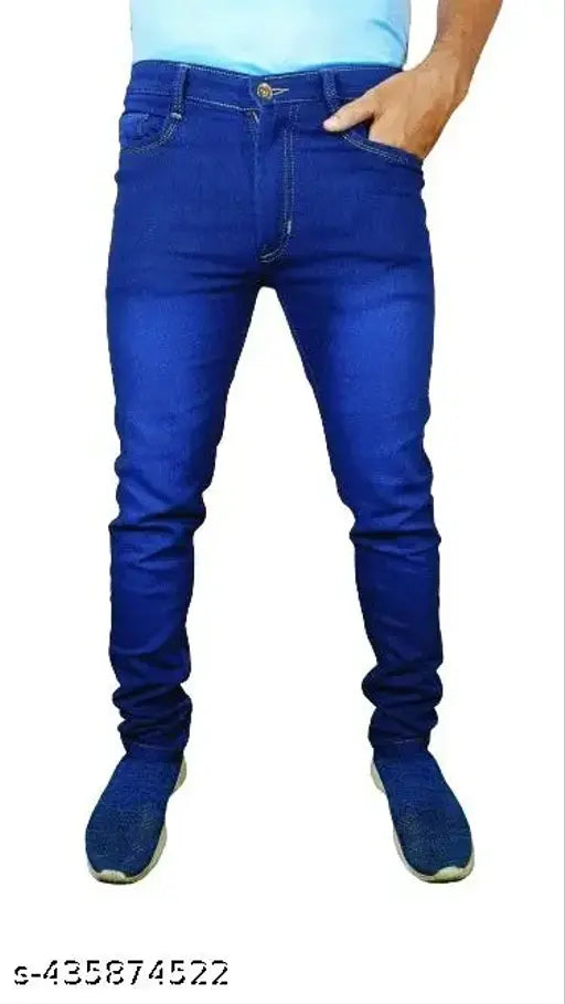 Men's blue denim jeans, slim fit, stretchable fabric - original picture, size 28 (waist 31", length 40", hip 34"), 30 (waist 33", length 40", hip 36"), 32 (waist 33", length 40", hip 36"), 34 (waist 35", length 40", hip 38"). Indian-made men's blue jeans