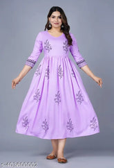 Purple rayon hand-printed women's kurti with floral design, perfect for everyday wear or gifting