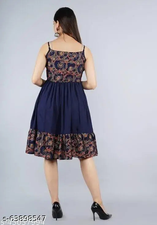 Blue GCC rayon 1 pic sleeveless dress, vibrant print on comfortable cotton fabric - popular Indian design