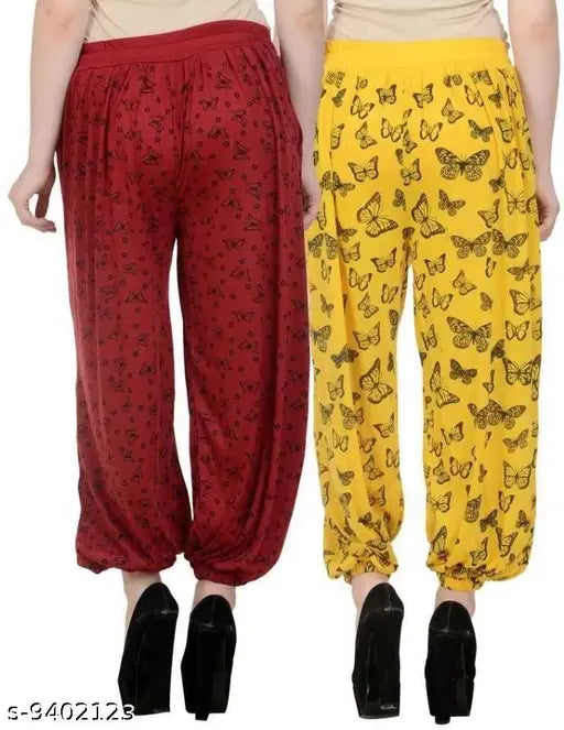 Maroon-yellow viscose rayon printed harem pants (pack of 2) - Indian women's fashion