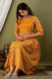 Rayon maternity gown with two side zip, three-quarter sleeves, printed combo, anarkali fit - women's A-line kurti for maternity wear, M to XXXL