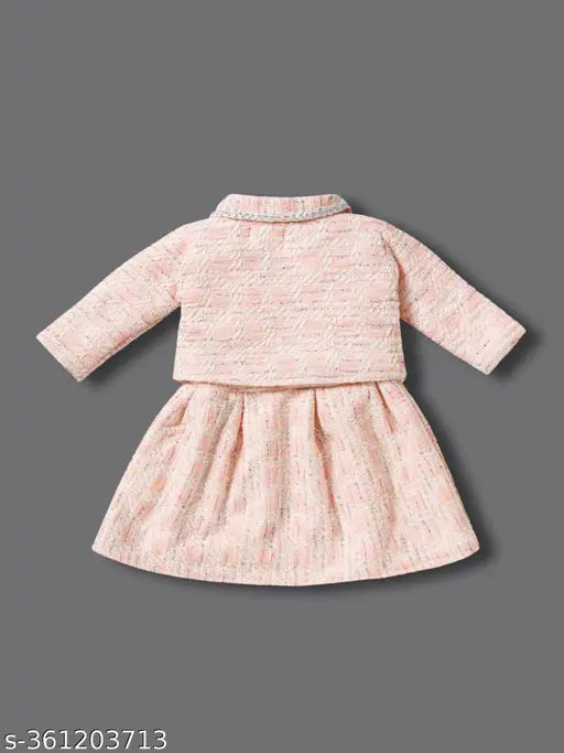 Koti pink full sleeve checked printed cotton baby dress, adorable all-over print on solid background