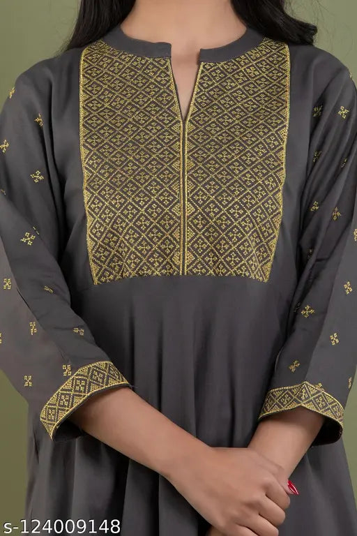 Grey rayon embroidered anarkali kurti by SMA Embroidery, three-quarter sleeves, suitable for various sizes from S to XXXL. Stunning women's fashion piece from India