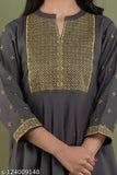 Grey rayon embroidered anarkali kurti by SMA Embroidery, three-quarter sleeves, suitable for various sizes from S to XXXL. Stunning women's fashion piece from India