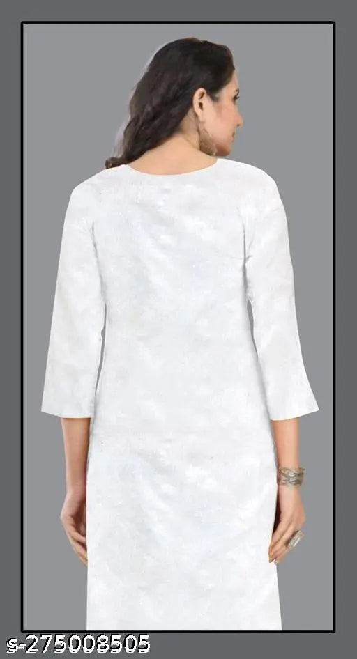 Cotton snow white kurti with embroidered pattern, three-quarter sleeves, India-made