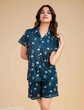 Latest printed hosiery nightdresses for girls & women, short sleeves, vibrant pattern, India origin