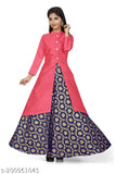 Pink printed jacquard cotton girls gown with three-quarter sleeves, India origin, size 4-5 years (24in bust, 26in length)