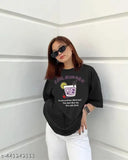 Black oversized cotton t-shirt with sinker, printed net pattern, three-quarter sleeves, biowash. Indian apparel brand Myali." (125 characters)