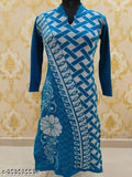 Fancy blue wool kurti, long-sleeved, printed combo, trendy Indian women's wear