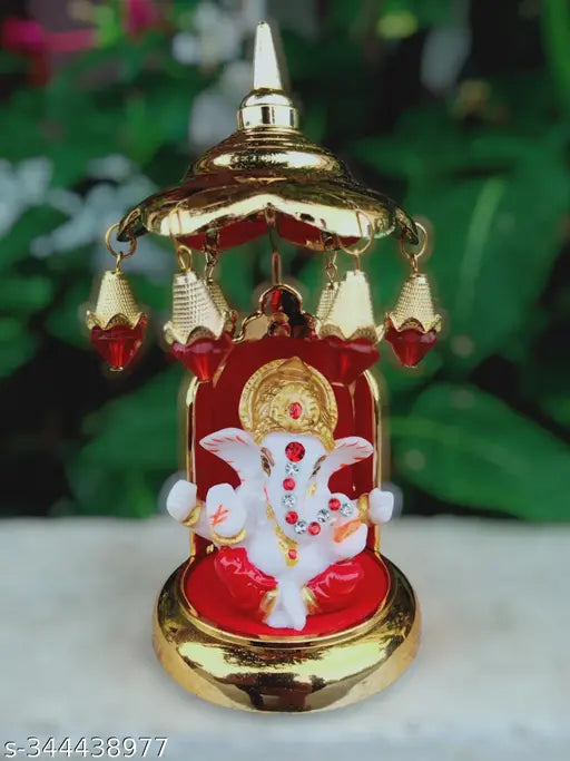 Marble Ganesh statue with gold-plated umbrella stand, 3" x 6" x 2". Adorable mini Ganpati for cars & homes. High-quality, intricate craftsmanship, made in India