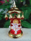 Marble Ganesh statue with gold-plated umbrella stand, 3" x 6" x 2". Adorable mini Ganpati for cars & homes. High-quality, intricate craftsmanship, made in India