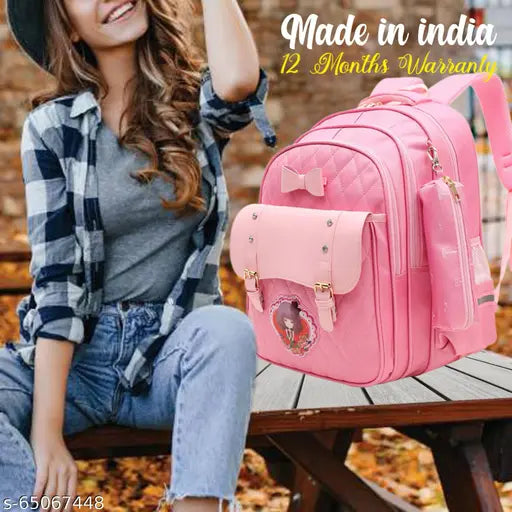 Pink polyester Tinytot designer backpack, 25L capacity for girls' school/college use, durable zipper closure