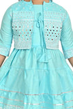 Sky blue cotton anarkali churidar set with jacket - sleeveless frock and dupatta for girls (pack of 1)