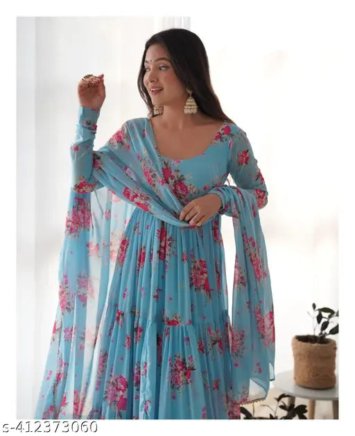 Georgette floral print anarkali dress set with dupatta and pent, soft fox cotton bottomwear, three-quarter sleeves