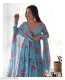 Georgette floral print anarkali dress set with dupatta and pent, soft fox cotton bottomwear, three-quarter sleeves