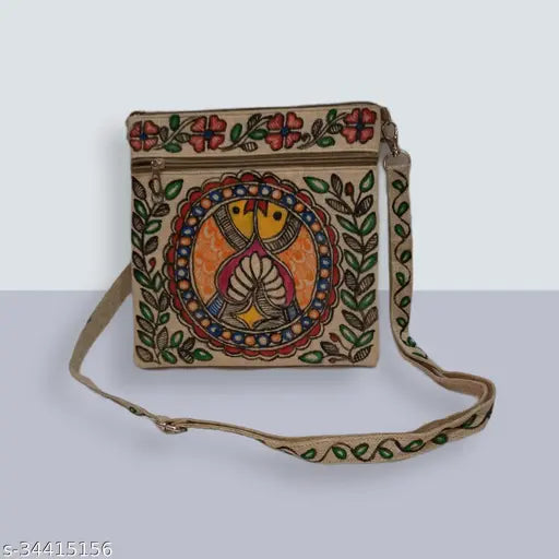 Jute Elite Alluring Women Slingbags, hand-painted Mithila art from India, free size (9in x 2in x 9in), self design with 2 compartments
