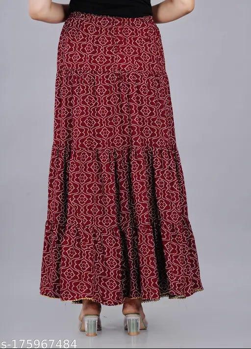 Printed rayon maroon skirt, beautiful and comfortable for women and girls. Size M-XXXL available, made in India