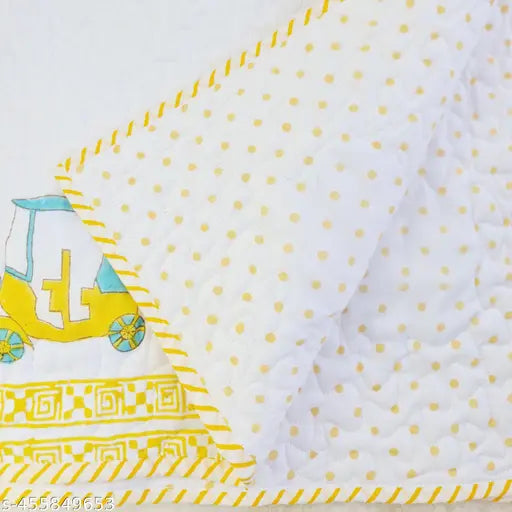 Assorted vibrant Rajasthani block print quilted Mulmul cotton bedcover for kids (45x165 cms), filled with organic surgical cotton, made in India