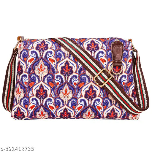 Red floral print synthetic crossbody sling bag, glossy faux leather strap, perfect accessory for women or girls