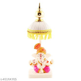 Divine Marble & Polyresin Pagri Ganesh Idol with Fabric Chatri Stand - Portable office, study, home, or car decor for Diwali and pooja. Premium polyresin material, intricate details, 0.5"L x 6.5"H x 2.5"W