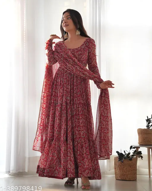 Pure soft fox georgette kalamkari print anarkali with dupatta set, vibrant indian traditional dress ready-to-wear on hanger