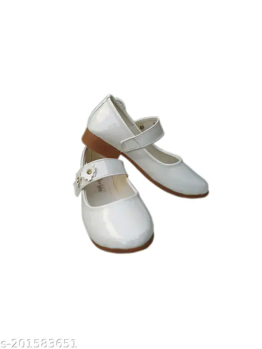 White patent leather ballet shoes for girls partywear, woven design, velcro fastening, size range: 18-24 months to 10-11 years, made in India