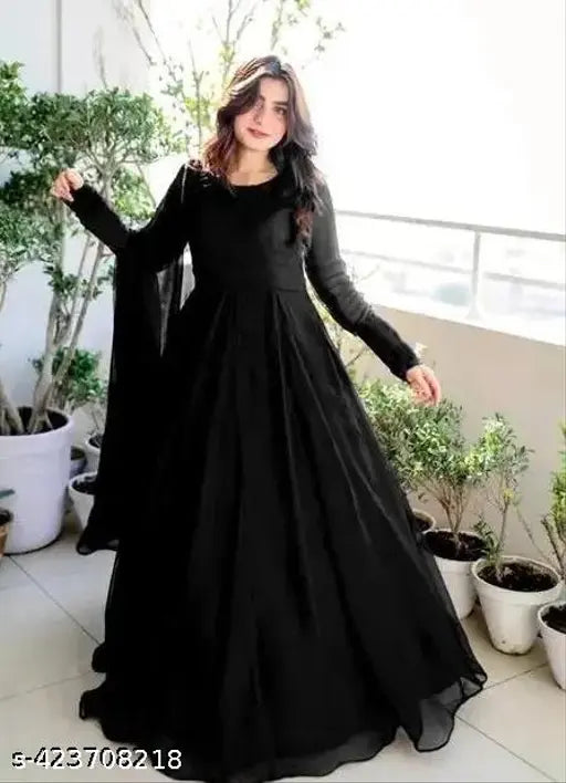 Georgette round neck long sleeve printed floral maxi dress, suitable for formal events and office party wear for women