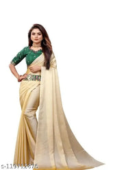 Chiffon saree with embroidered net blouse, single free size, solid pattern, Indian origin
