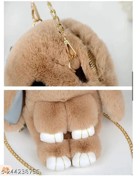 Synthetic fluffy rabbit sling bag for girls, self-designed net pattern, removable strap, suitable for casual outings, made in India