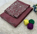 Chinon handwork arka printed saree on mannequin, pure chinon fabric, free size