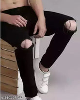 Black polycotton MOD MEN knee-slit jeans, solid style for men size 28, 30, or 32 (India)