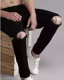 Black polycotton MOD MEN knee-slit jeans, solid style for men size 28, 30, or 32 (India)