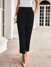 Black polyester blend casual trousers with two side pockets and mid-waist fit (42 inches), perfect for a stylish everyday look