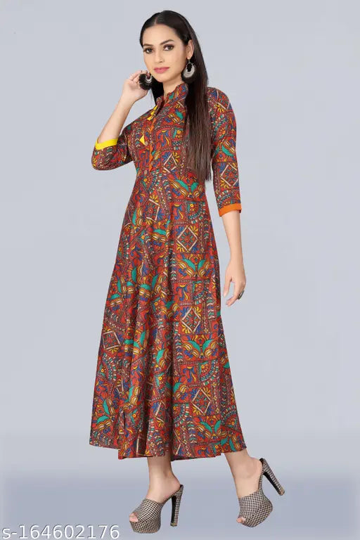 Multicolor rayon long gown kurta with traditional print, three-quarter sleeves, vibrant Indian fashion on model