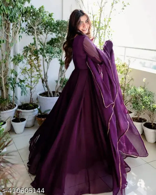 Georgette wine gown and dupatta set for women, solid pattern, long sleeves, ready-made, S to XXL sizes