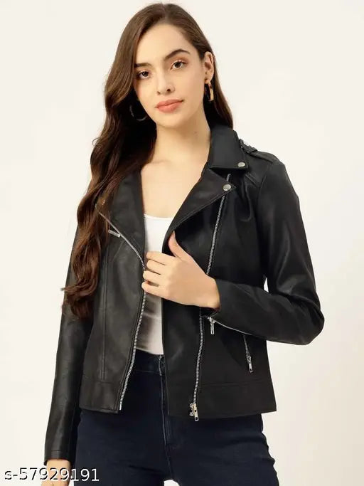 Faux leather full-sleeve black women's jacket by PREEGO, perfect for roadies with easy fit and all-day comfort