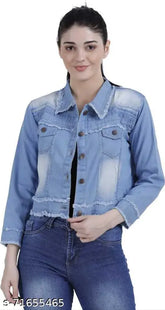 Light blue denim long-sleeve solid jacket, size S (36in bust, 18in length) from India