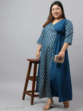 Teal poly crepe angarkha kurta, XL LOVE By Janasya, three-quarter sleeves, printed combo, inspired by nature, India