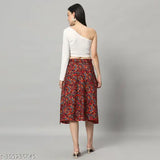 Maroon crepe midi Jaipuri print wrap-around maxi skirt, versatile for casual outings and office wear