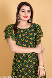 Women's long Georgette kurti with digital sunflower print, short sleeves and three-layered flared style, yellow thread detailing. Size range: S-6XL. Exclusive Indian creation in full flared gheri & anarkali design, lined with heavy American crape