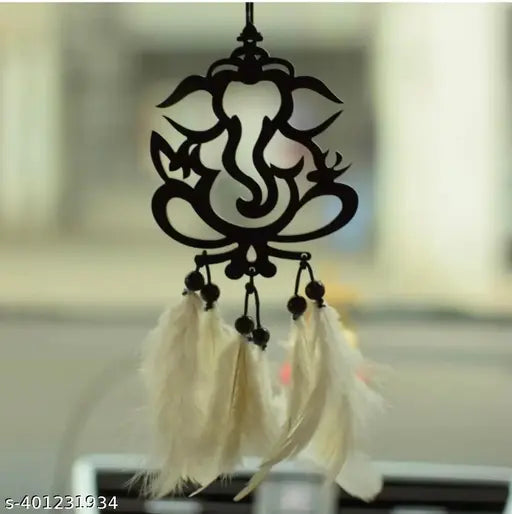 Black MDF Car Dream Catcher featuring Ganesh ji with feathers, perfect home decor or gift