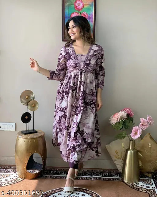 Rayon printed Alia cut kurta with three-quarter sleeves, Indian fashion on model