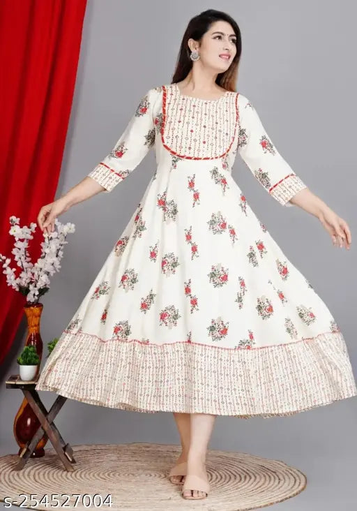 Cream rayon three-quarter sleeve printed gown, single size M (bust 38in), modern Indian fashion