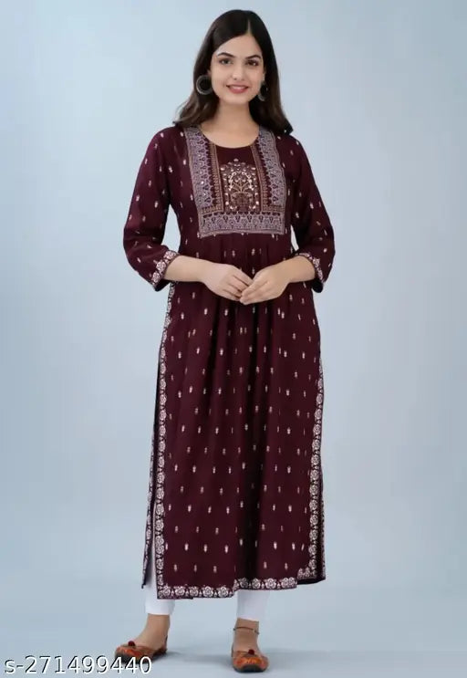 Rayon three-quarter sleeve printed Naira cut kurti, vibrant Indian fashion